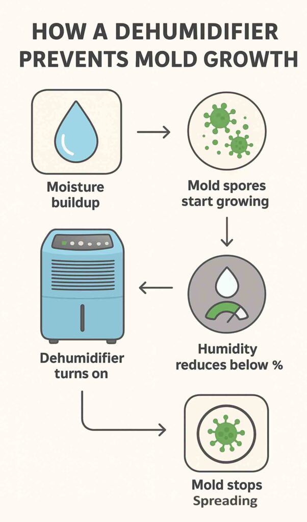 Infographic showing how a dehumidifier prevents mold growth in five steps: moisture buildup, mold spores start growing, dehumidifier turns on, humidity reduces below 50%, and mold stops spreading.Infographic showing how a dehumidifier prevents mold growth in five steps: moisture buildup, mold spores start growing, dehumidifier turns on, humidity reduces below 50%, and mold stops spreading.