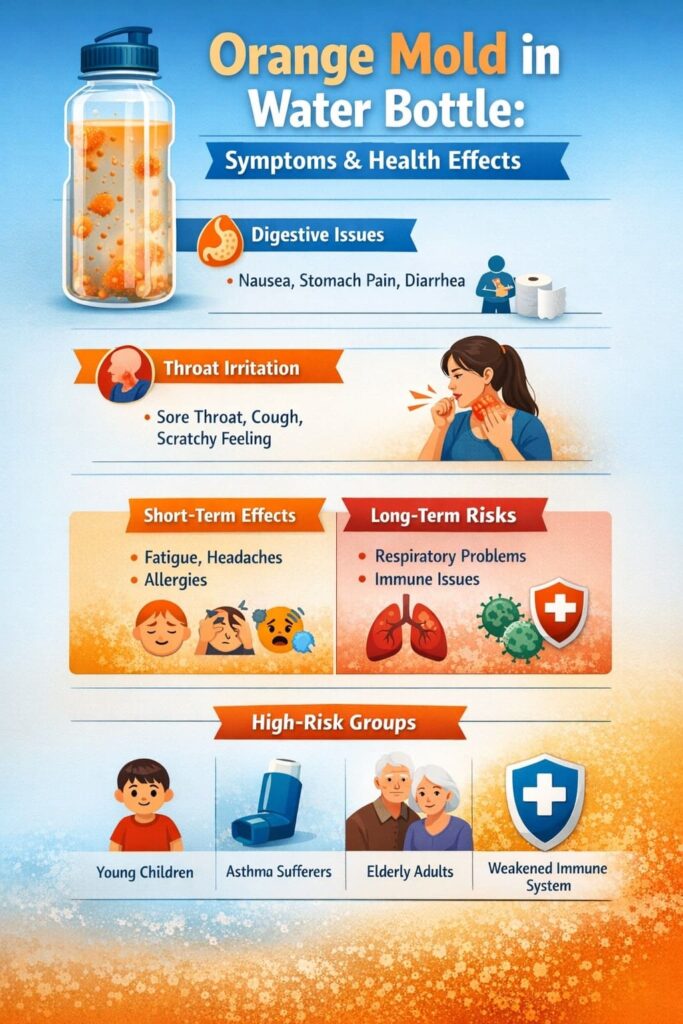 Orange mold in water bottle symptoms infographic showing digestive issues, sore throat, short-term effects, long-term risks, and high-risk individuals