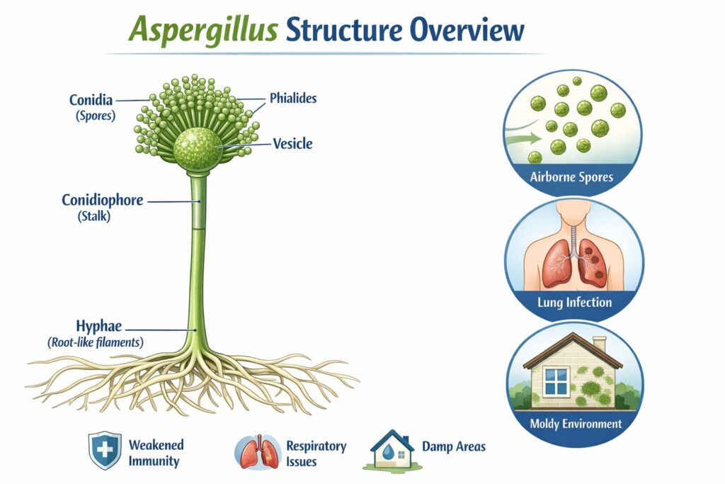 Labeled Aspergillus mold structure diagram showing hyphae, conidiophore, vesicle, phialides, and airborne spores that can cause lung infections