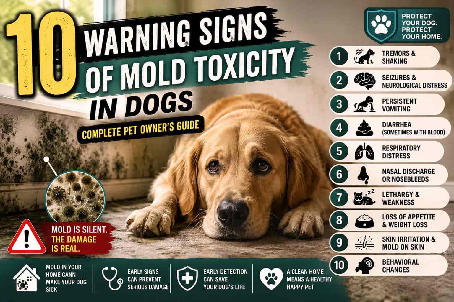 10 Warning Signs of Mold Toxicity in Dogs | Complete Pet Owner’s Guide Golden retriever showing symptoms of mold toxicity inside a mold-damaged home with infographic highlighting warning signs of mold poisoning in dogs