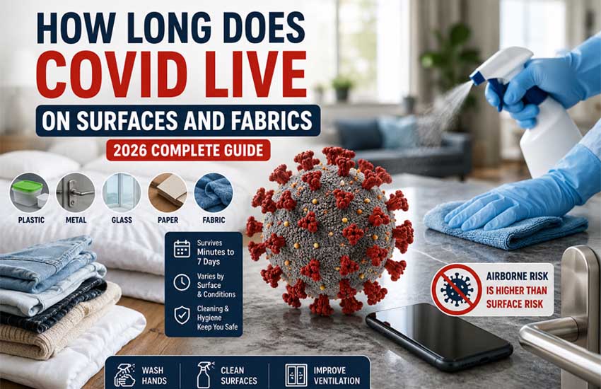 How long does COVID live on surfaces and fabrics infographic showing virus survival on plastic, stainless steel, glass, paper, bedding, and clothing with cleaning and disinfection tips