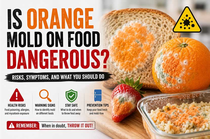 Is Orange Mold on Food Dangerous? Health Risks, Symptoms, and Safe Food Disposal Orange mold growing on bread, an orange, and other food items illustrating the health risks of orange mold on food and safe disposal practices.